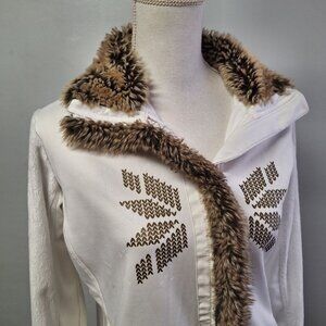Luhta Faux Fur Full Zip Sweatshirt Jacket‎ White Womens XL Brown Board Ski Lodge